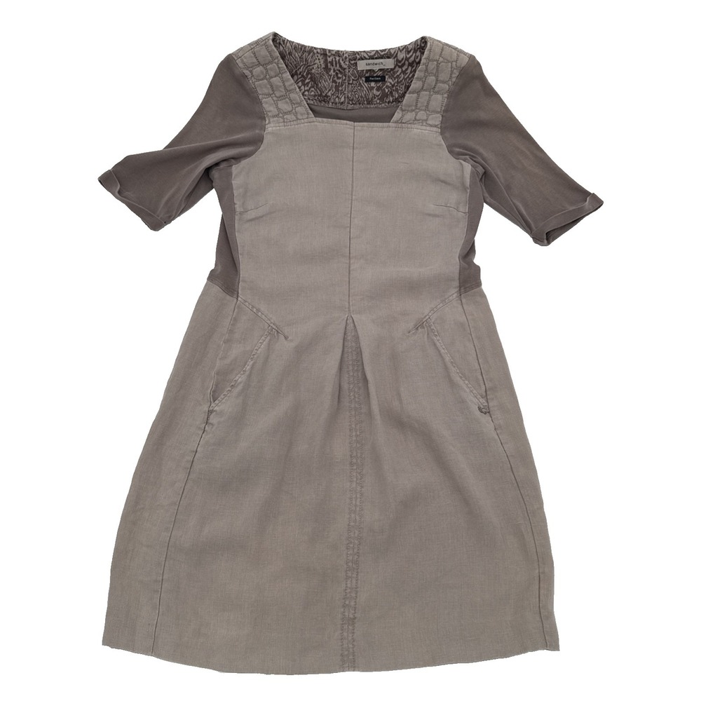 Pure Linen Sandwich dress green pockets 3/4 sleeve short Midi Shift fairy Size M